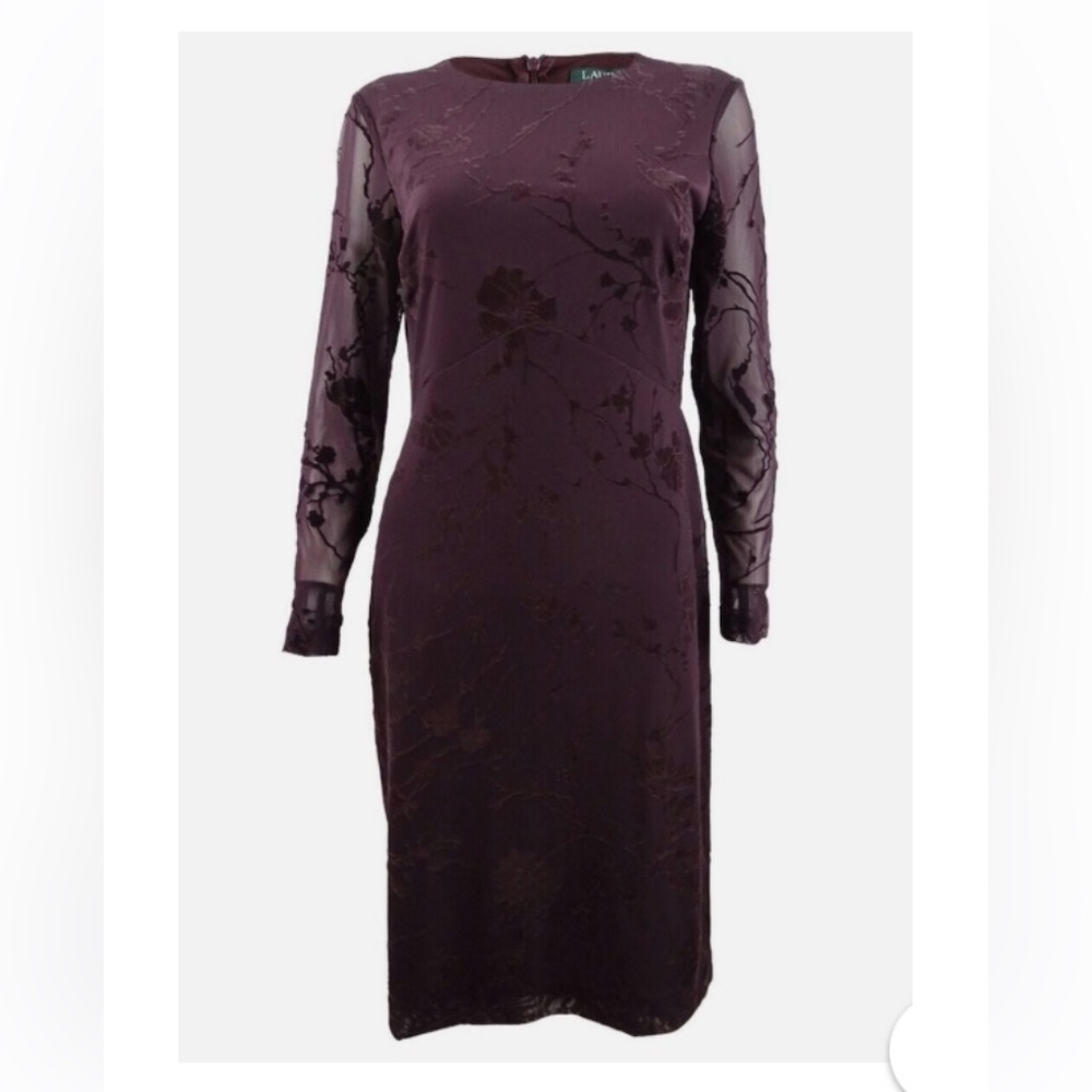 Lauren Ralph Lauren Women's Dress maroon sheer lace arms